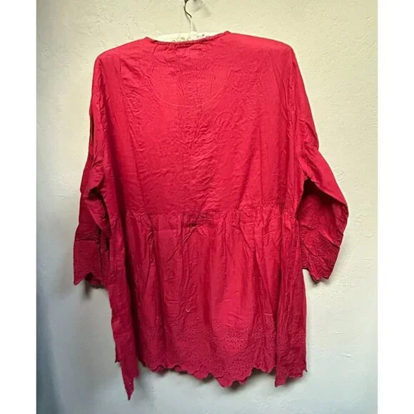 Gudrun Sjoden Okarina Eco-Cotton Blouse Womens XL Cranberry Red Lagenlook New